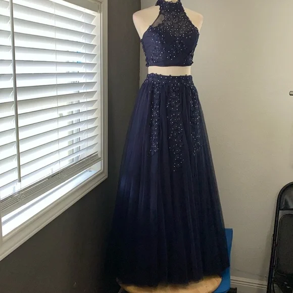 blue dress for baby girl Two Piece Dark Blue A-Line Satin Short Prom Dresses Homecoming Dress Custom Size / Burgundy main image 0